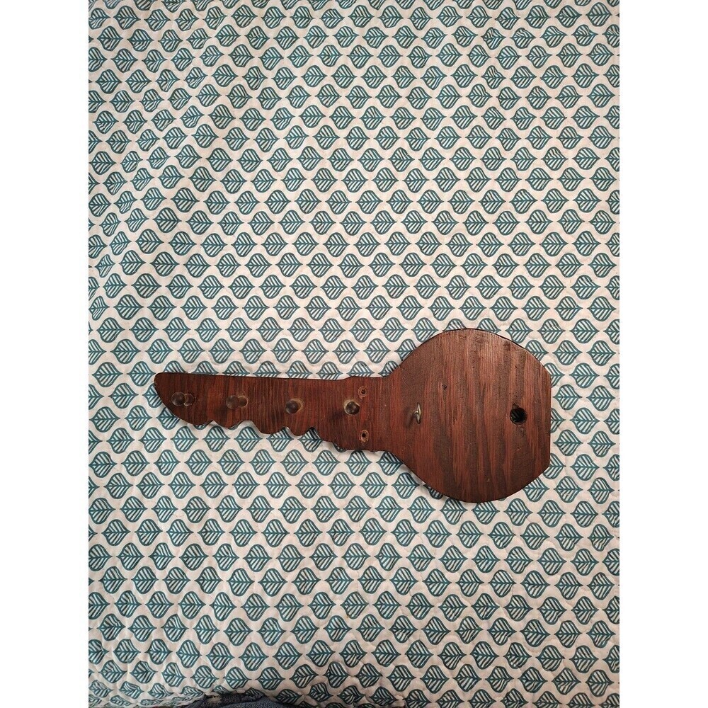 Vintage MCM Brown Wood Key Shaped Key Ring Hook Holder  Pegs 14.5 x 6.25"